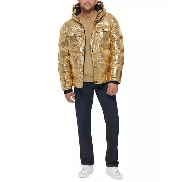 Levi's Puffer Jacket Men's L Gold Bandana Paisley Quilted Hooded X2814 $225 - Picture 4 of 14
